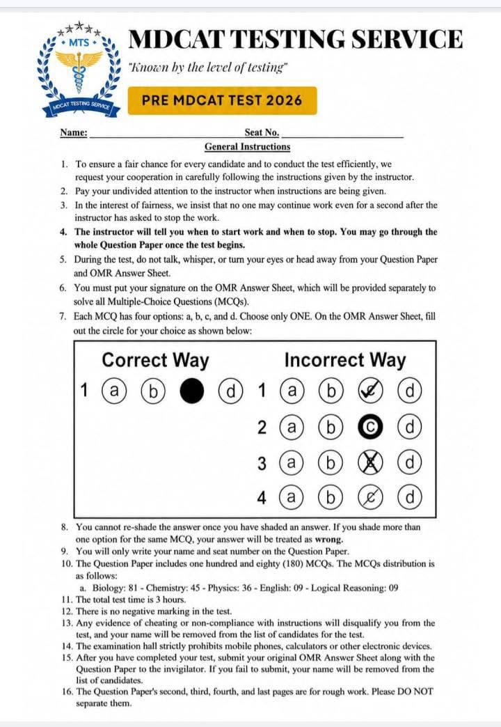 Pre MDCAT Test 2026