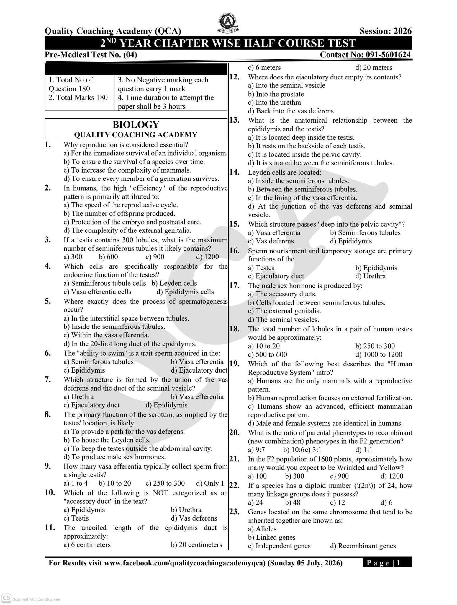 MDCAT - 2ND  YEAR CHAPTER WISE HALF COURSE TEST