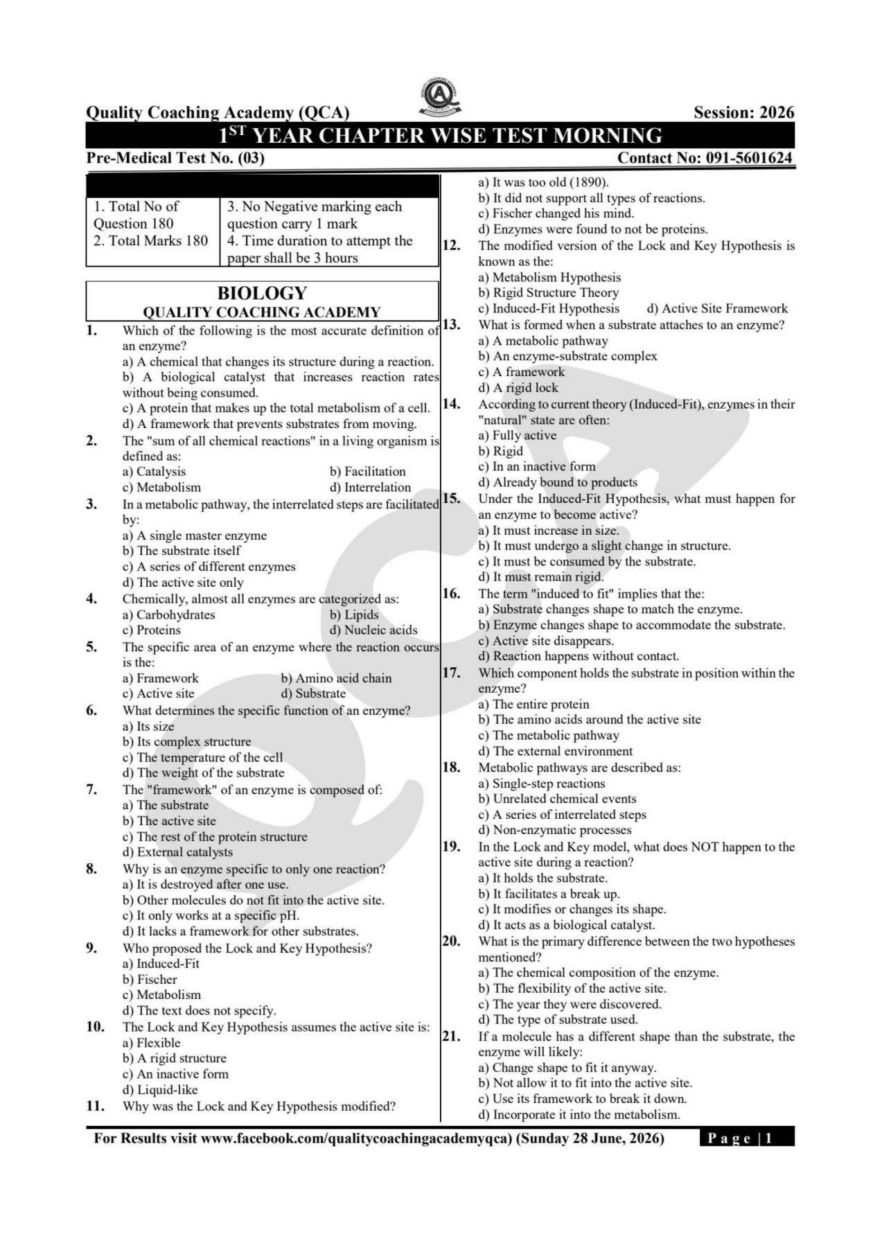 1ST YEAR CHAPTER WISE TEST MORNING